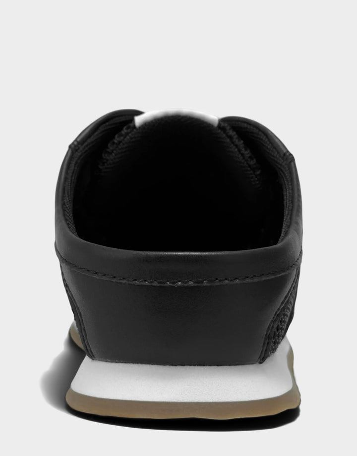Comfortable Women's Sneaker Mule in Black Faux Leather & Mesh, rear view