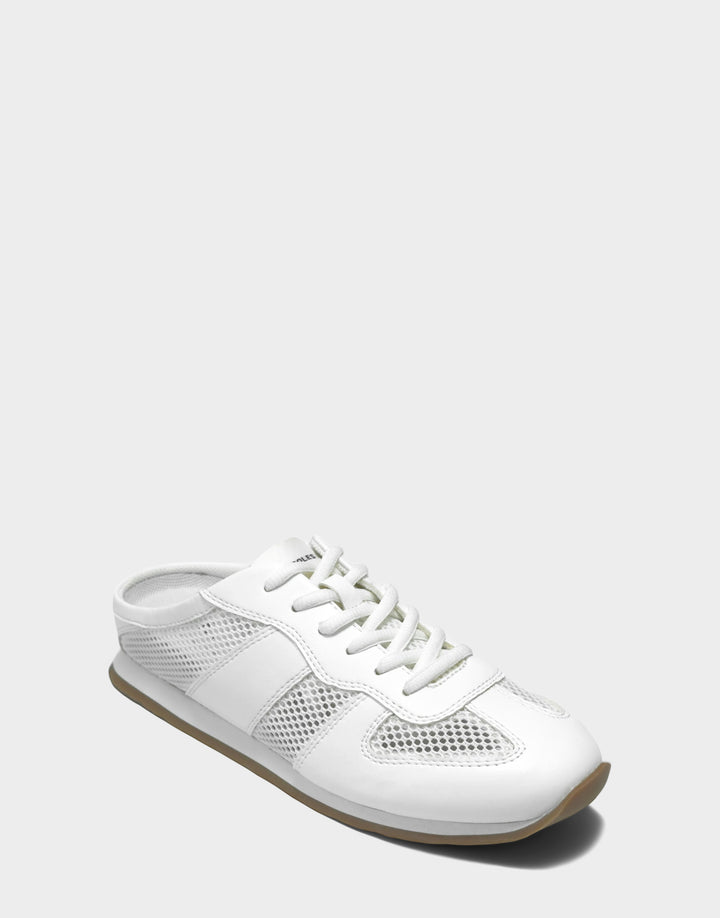 Comfortable Women's Sneaker Mule in Bright White Faux Leather & Mesh, angle view 