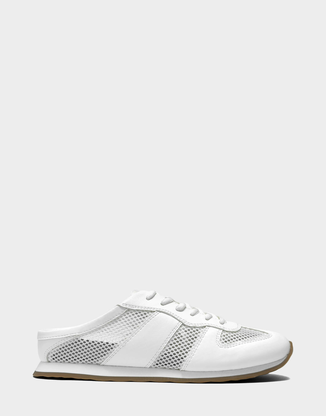 Comfortable Women's Sneaker Mule in Bright White Faux Leather & Mesh, side view 
