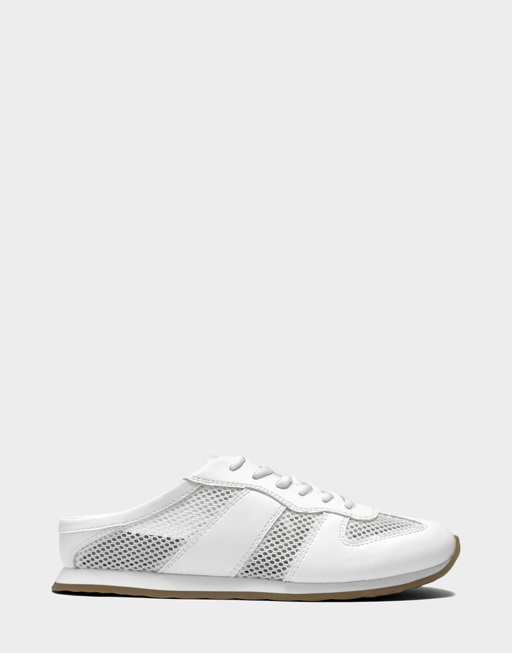 Comfortable Women's Sneaker Mule in Bright White Faux Leather & Mesh, side view 
