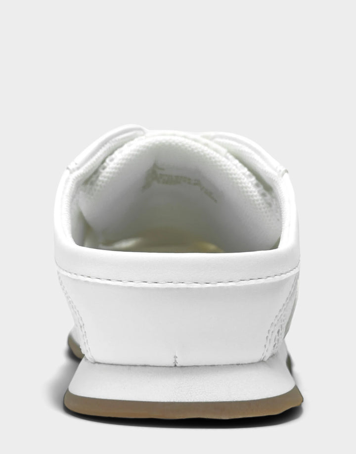 Comfortable Women's Sneaker Mule in Bright White Faux Leather & Mesh, rear view 