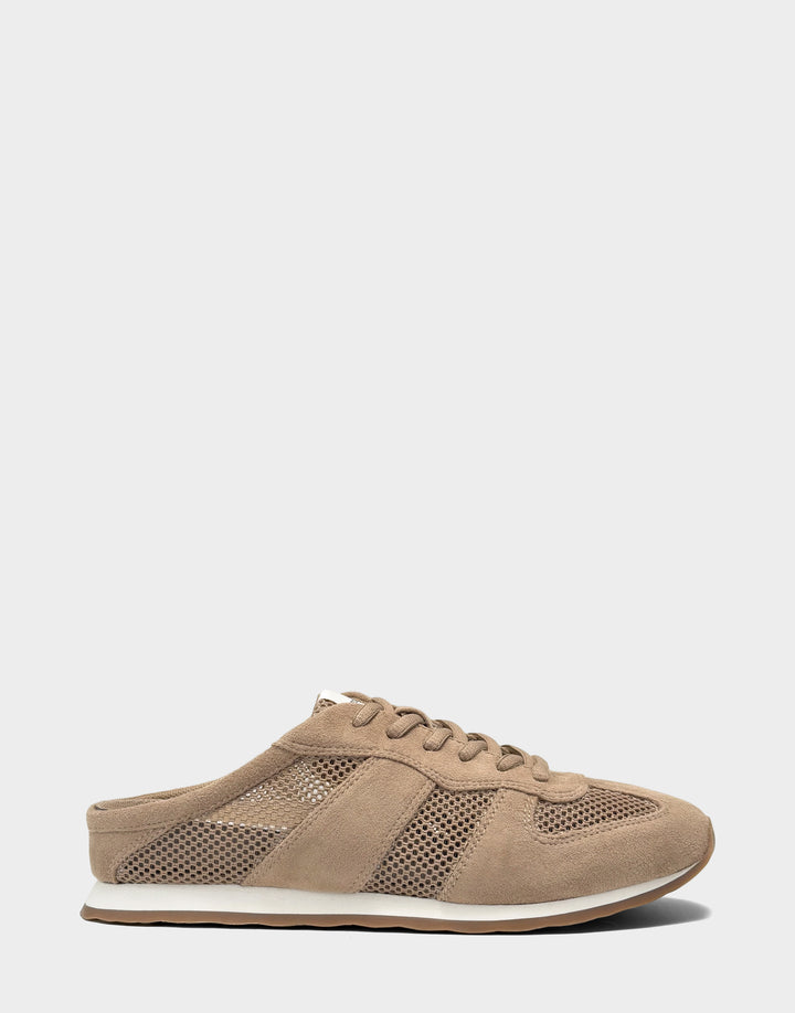 Comfortable Women's Sneaker Mule in Dune Faux Leather & Mesh Faux, Side View 

