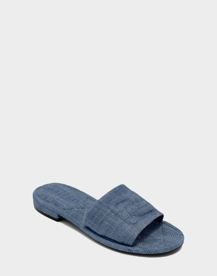 Comfortable Women's Flat Sandal in Blue Denim, angle view 

