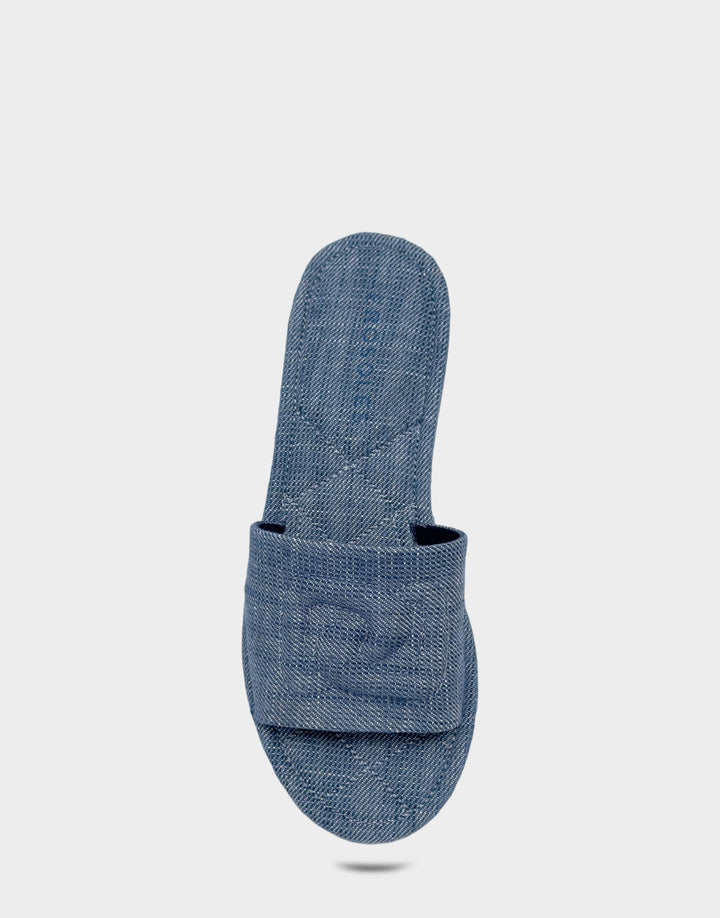 Comfortable Women's Flat Sandal in Blue Denim, top view 