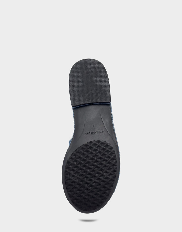 Comfortable Women's Flat Sandal in Blue Denim, sole view 