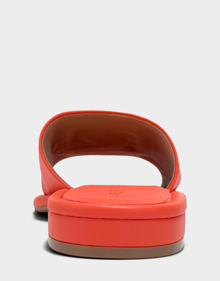 Comfortable Women's Flat Sandal in Orange Faux Soft Leather, rear view 