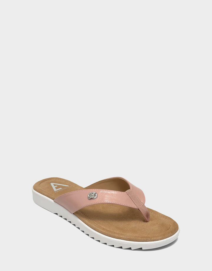 Comfortable Women's Sandal in Pink Faux Textured Patent Side Angle View