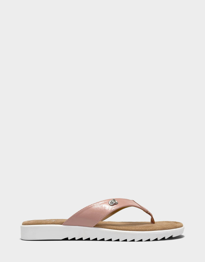 Comfortable Women's Sandal in Pink Faux Textured Patent Side View