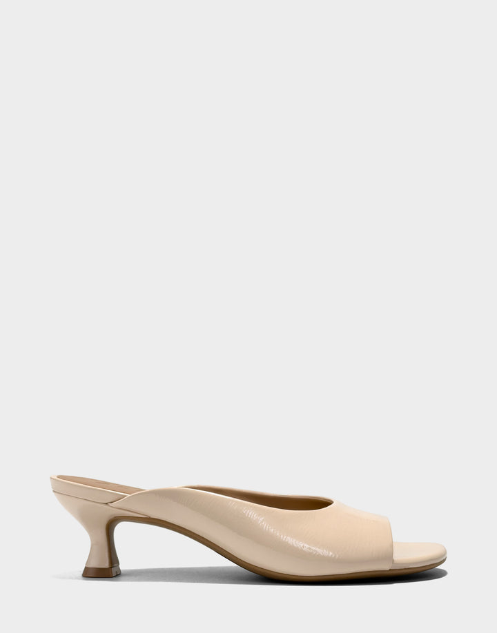 Comfortable Women's Heeled Sandal in Blue Faux Crinkle Patent Side View