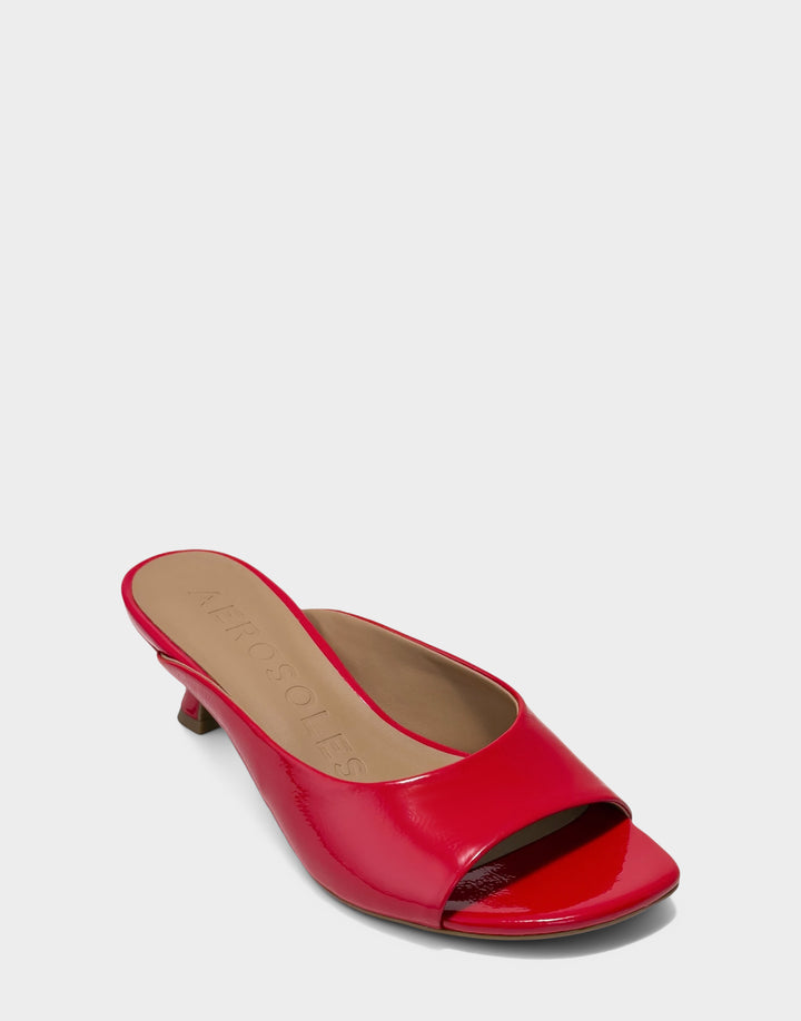 Comfortable Women's Heeled Sandal in Red Faux Crinkle Patent Side Angle  View