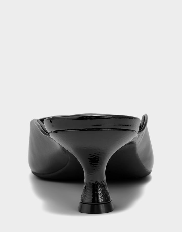 Comfortable Women's Heeled Sandal in Black Faux Crinkle Patent Back View