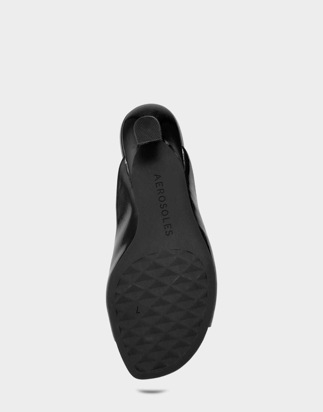 Comfortable Women's Heeled Sandal in Black Faux Crinkle Patent Bottom View