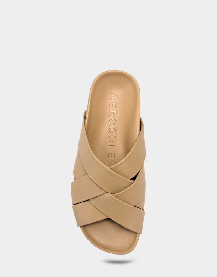 Comfortable Women's Footbed Sandal in Natural Faux Leather Full Front View