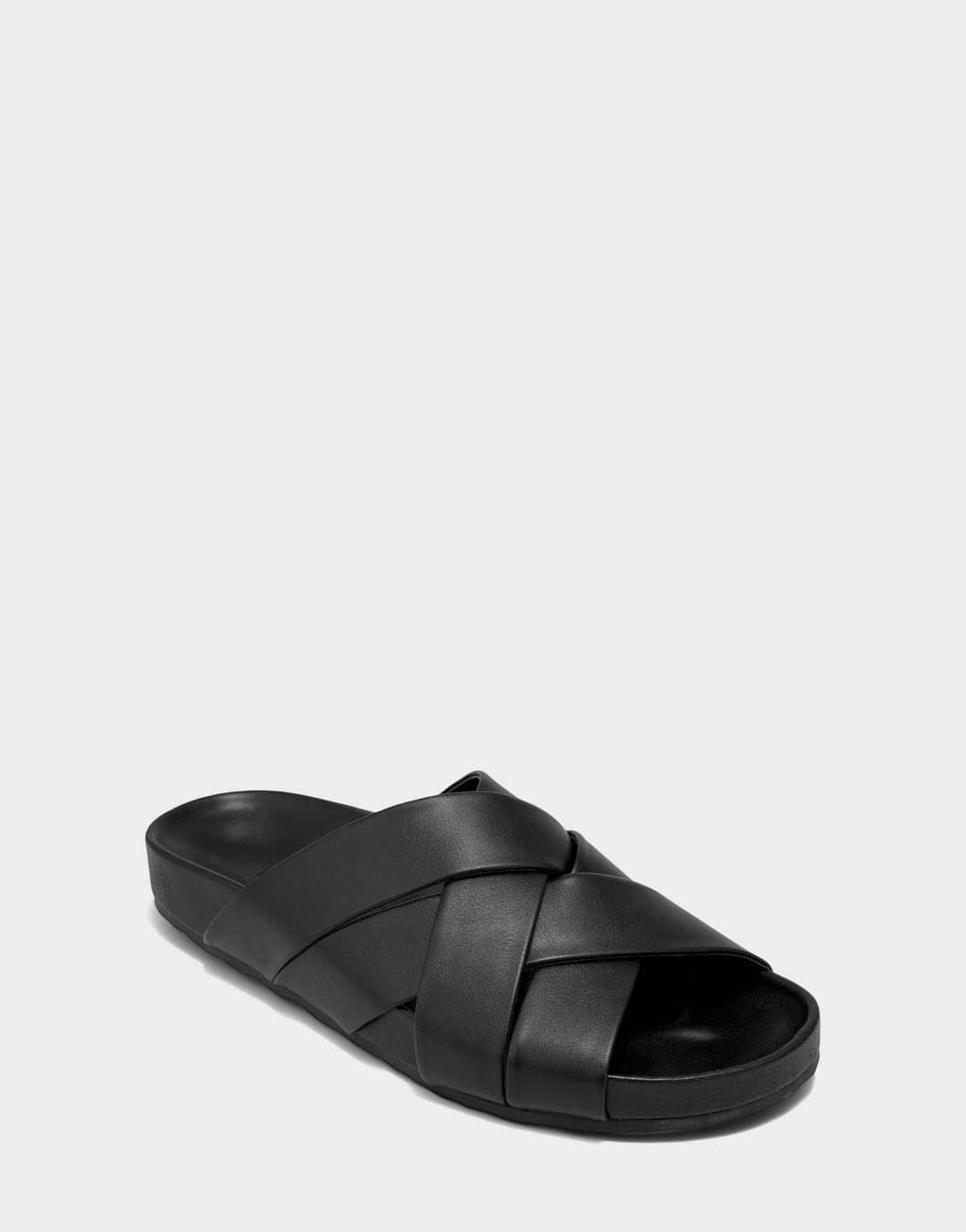 Comfortable Women's Footbed Sandal in Black Faux Leather Side Angle View