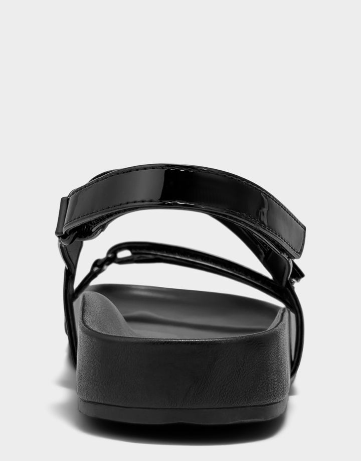 Comfortable Women's Footbed Sandal in Black Faux Patent Back View