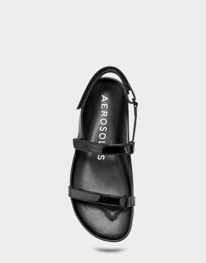 Comfortable Women's Footbed Sandal in Black Faux Patent Full Front View