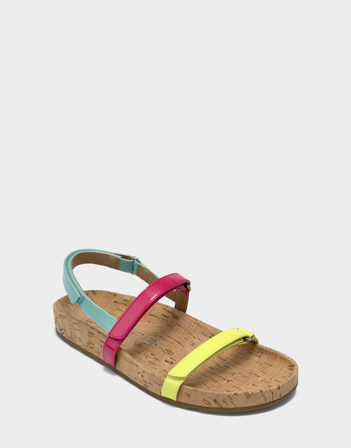 Comfortable Women's Footbed Sandal in Multi Faux Patent Side Angle View