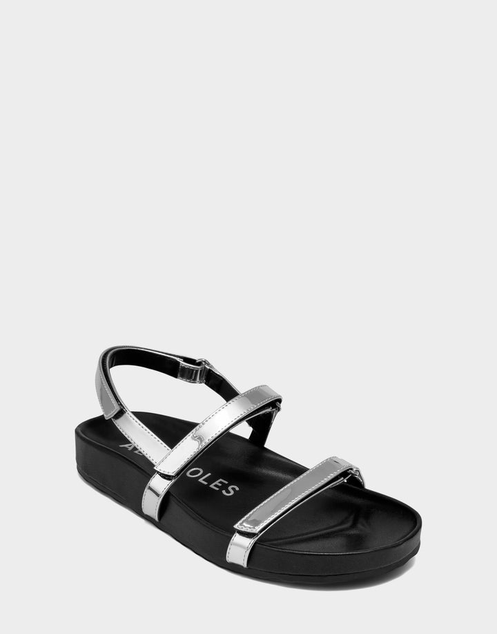 Comfortable Women's Footbed Sandal in Metallic Faux Mirror Metallic Side Angle View