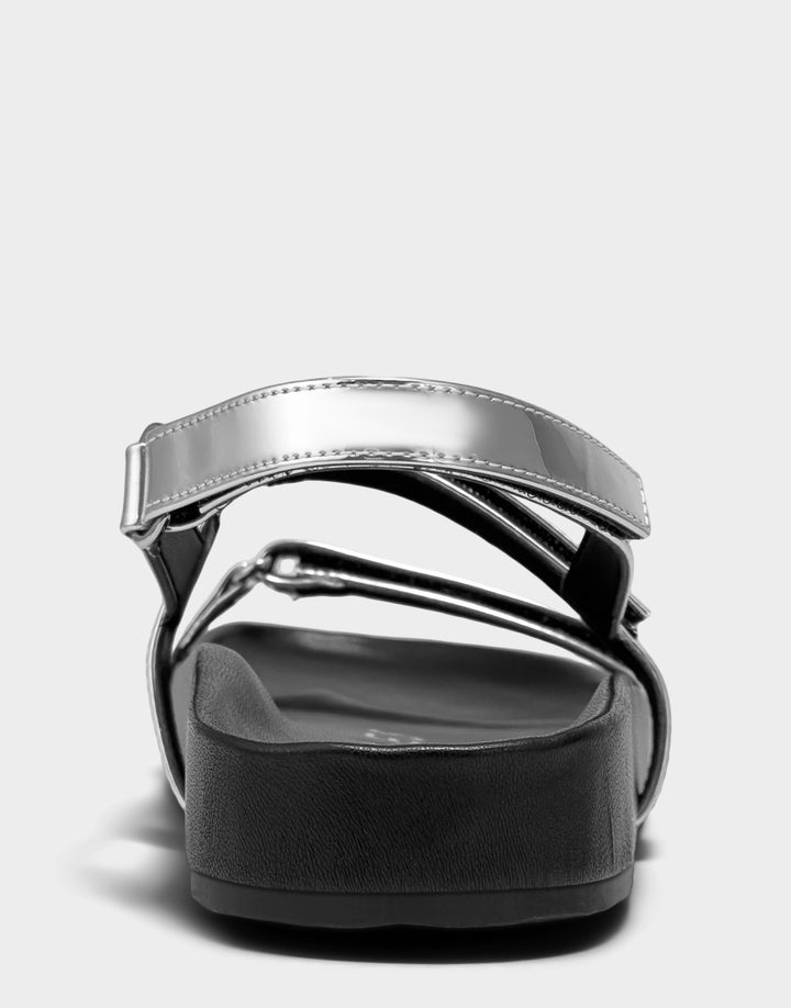 Comfortable Women's Footbed Sandal in Metallic Faux Mirror Metallic Back View