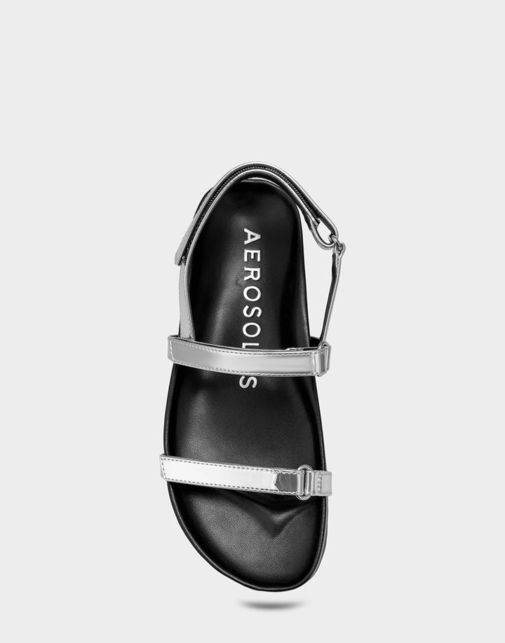 Comfortable Women's Footbed Sandal in Metallic Faux Mirror Metallic Full Front View