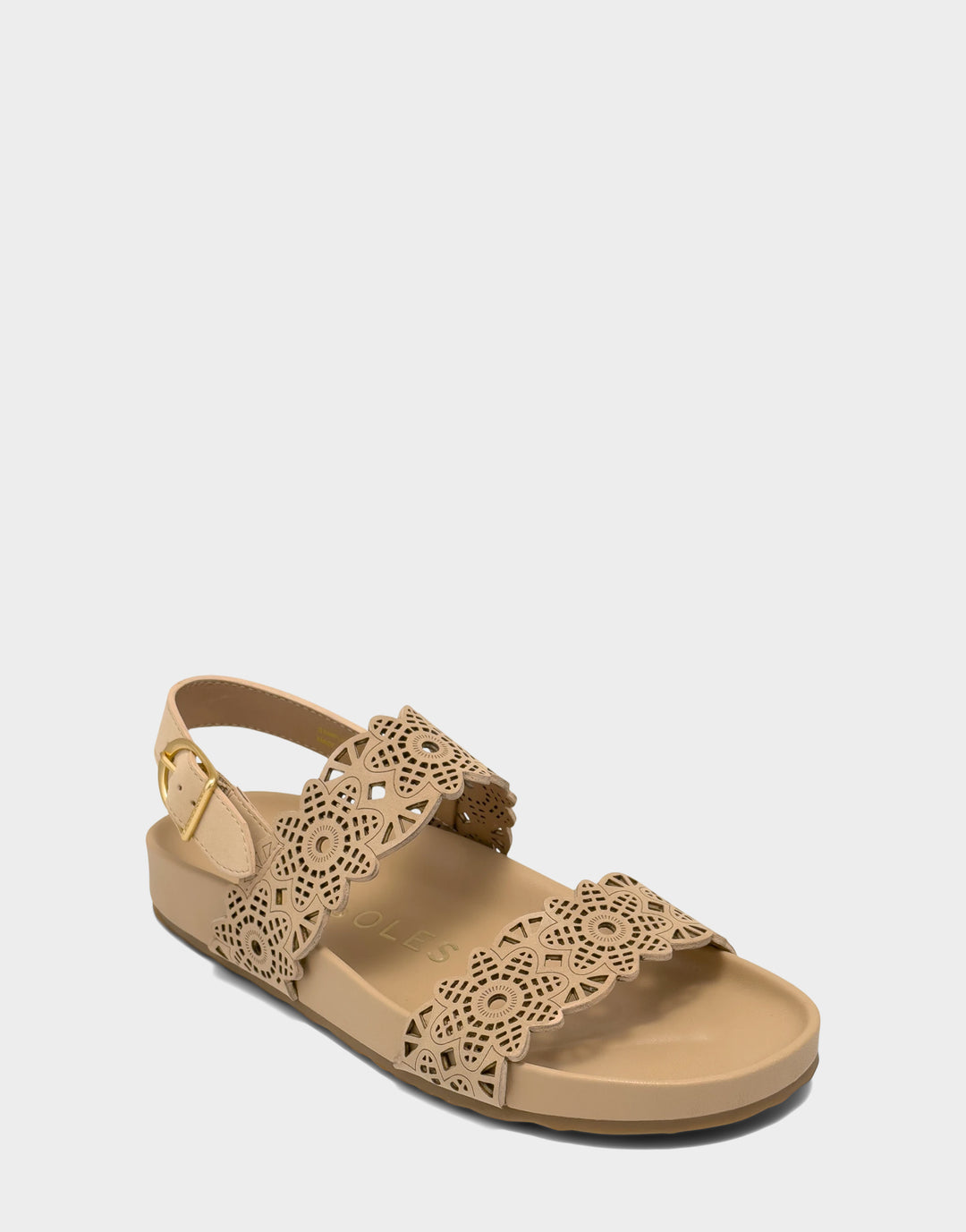 Comfortable Women's Footbed Sandal in Natural Perf Faux Nubuck Side Angle View