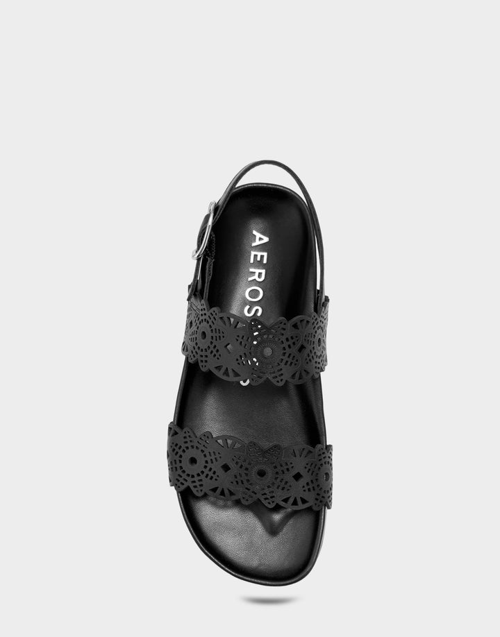 Comfortable Women's Footbed Sandal in Black Perf Faux Leather Full Front View