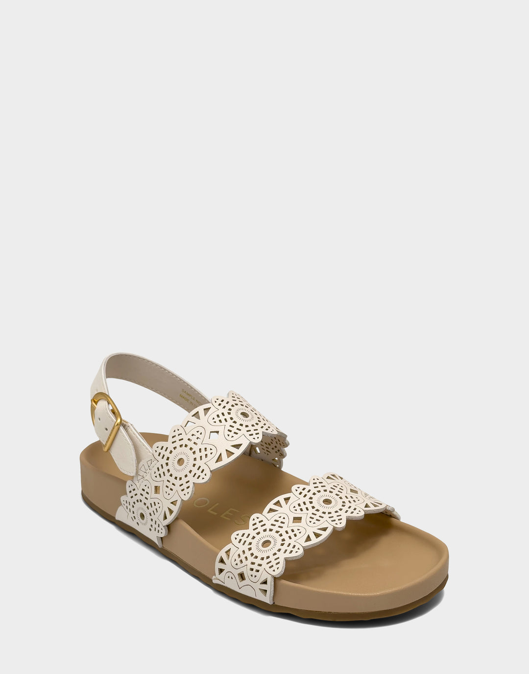 Comfortable Women's Footbed Sandal in Cream Perf Faux Nubuck Side Angle View