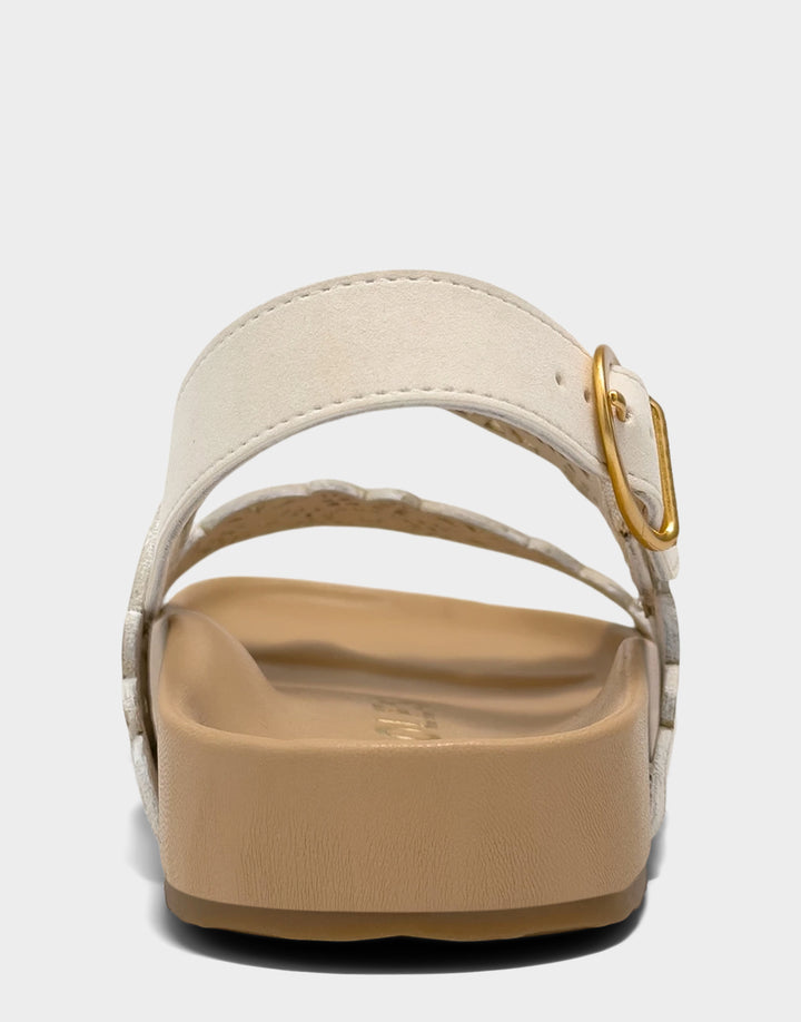Comfortable Women's Footbed Sandal in Cream Perf Faux Nubuck Back View