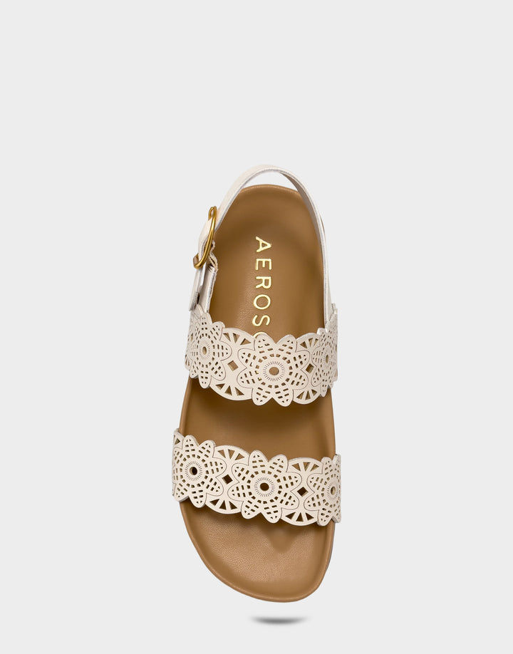 Comfortable Women's Footbed Sandal in Cream Perf Faux Nubuck Full Front View