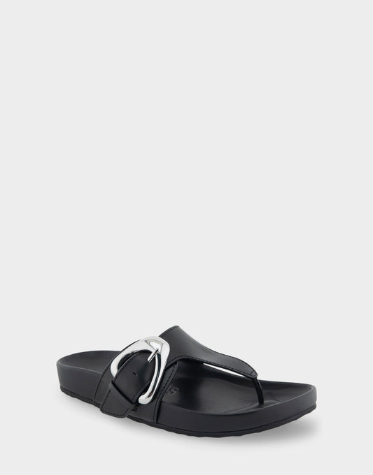 Women's Oversized Buckle Molded Footbed Thong Sandal in Black Leather