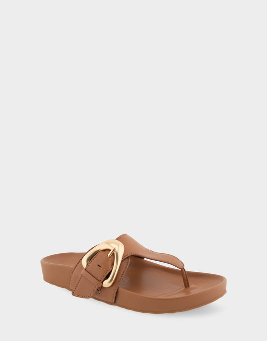 Women's Oversized Buckle Molded Footbed Thong Sandal in Tan Leather