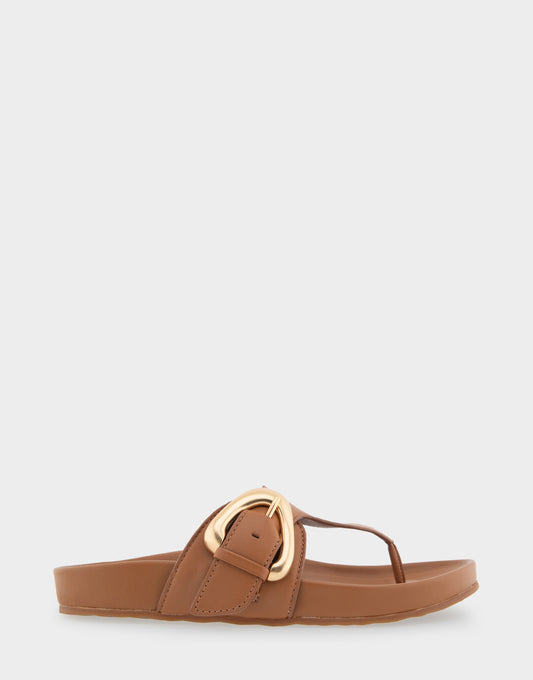Women's Oversized Buckle Molded Footbed Thong Sandal in Tan Leather