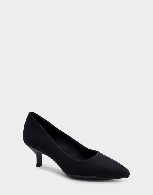 Women's Point Toe Kitten Heel Pump in Black Stretch Gabardine Fabric