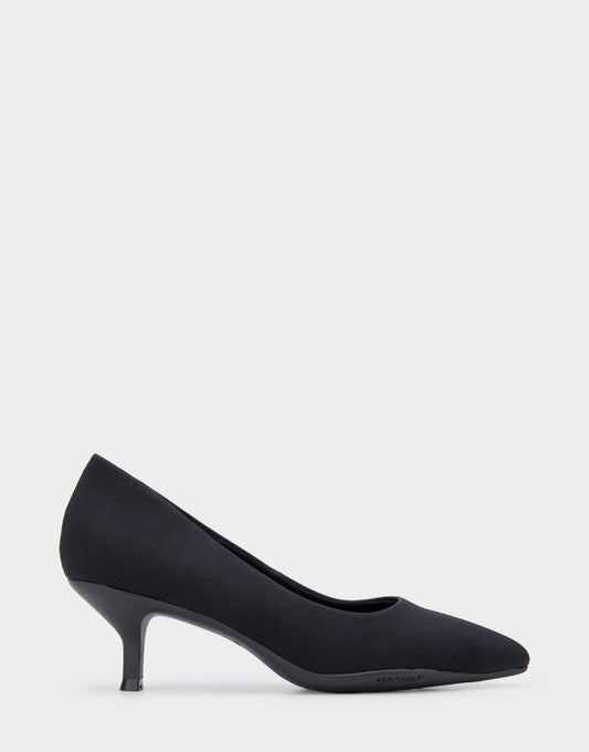Women's Point Toe Kitten Heel Pump in Black Stretch Gabardine Fabric