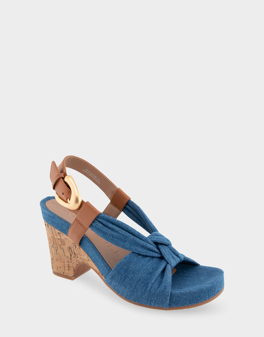 Women's Knotted Buckled Footbed Wedge Sandal in Denim Fabric