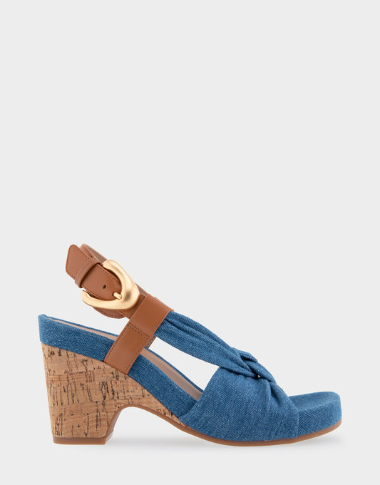 Women's Knotted Buckled Footbed Wedge Sandal in Denim Fabric