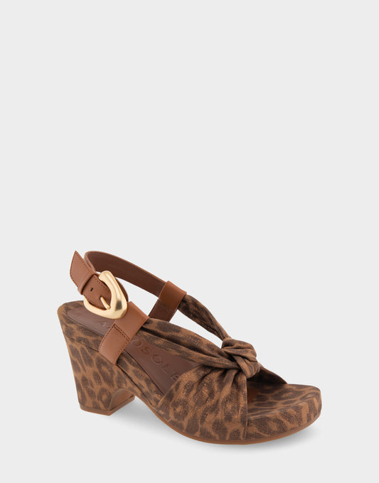 Women's Knotted Buckled Footbed Wedge Sandal in Leopard Metallic Faux Suede