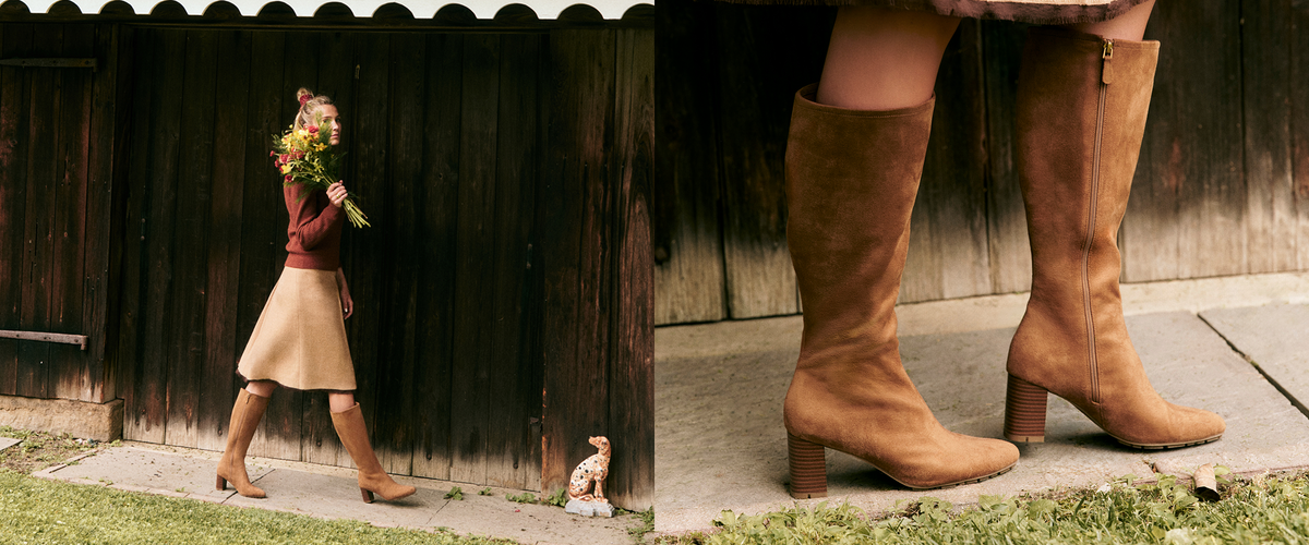 A split-view fashion photo showing a woman walking outdoors beside a dark wooden fence, with a close-up of her legs wearing tall heeled boots. The product appears to be the boots, shown in both full-body context and a detailed lower-leg view.