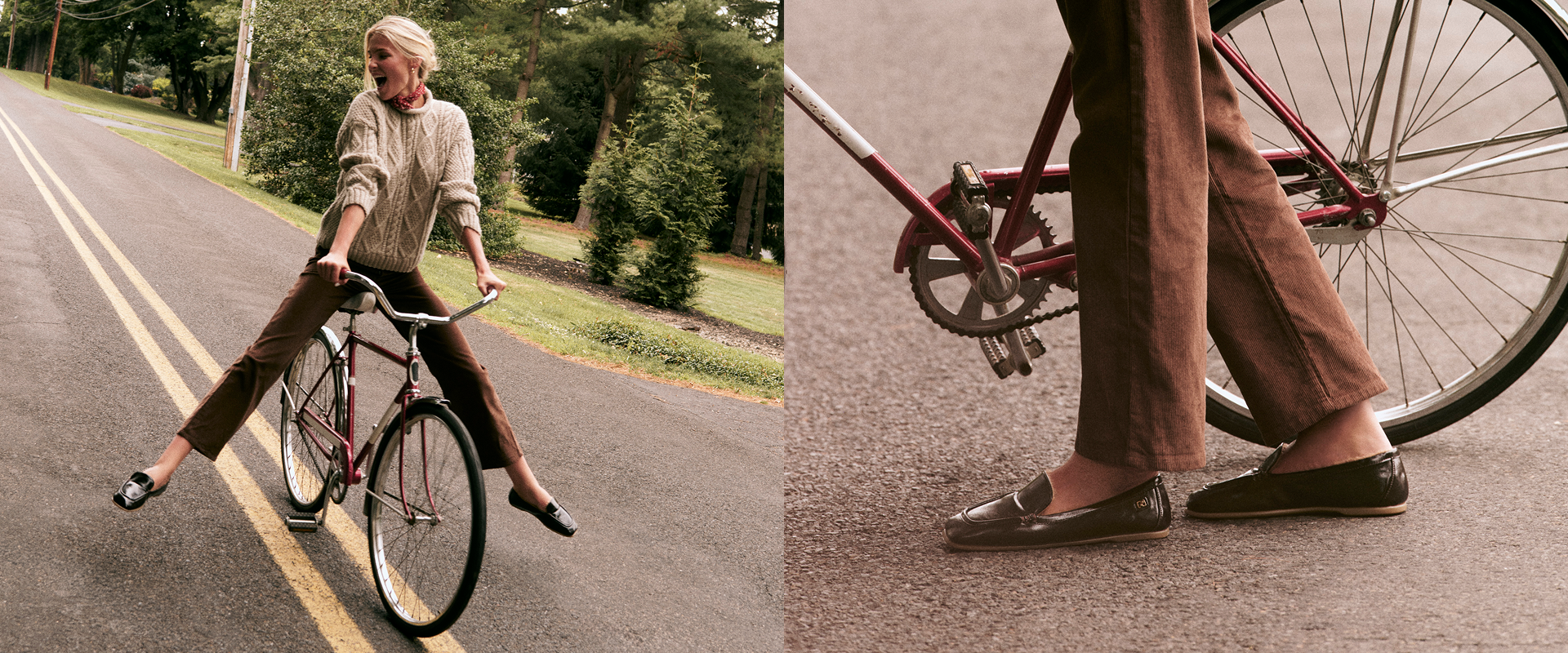 A split-panel lifestyle image showing a woman riding a vintage red bicycle on a paved road, with a close-up of her feet wearing dark brown leather loafers next to the bicycle.
