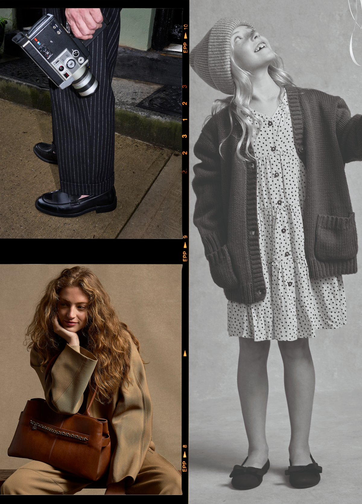 A three-panel collage showcasing fashion items: a person wearing pinstriped trousers and black loafers holding a vintage camera, a child in a brown knit beanie and cardigan over a white polka-dot dress, and a woman in a beige blazer and trousers carrying a brown leather shoulder bag.