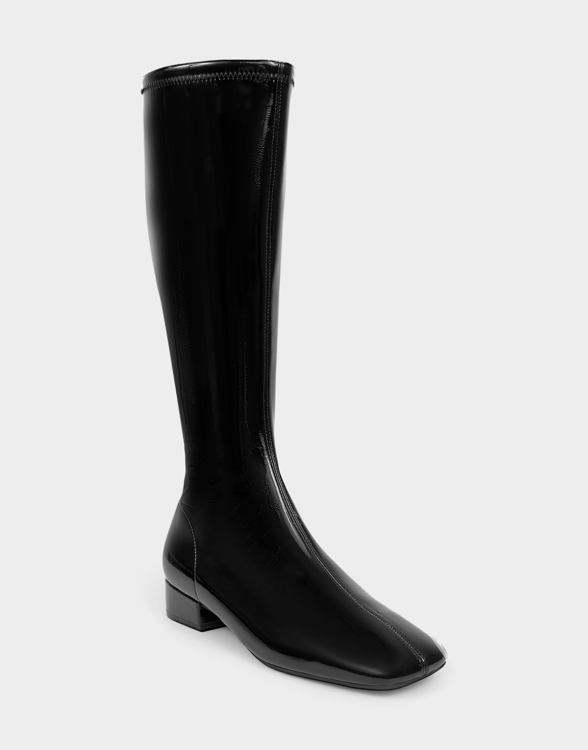 Women's Low Block Heel Boot in Black Stretch Crinkle Patent