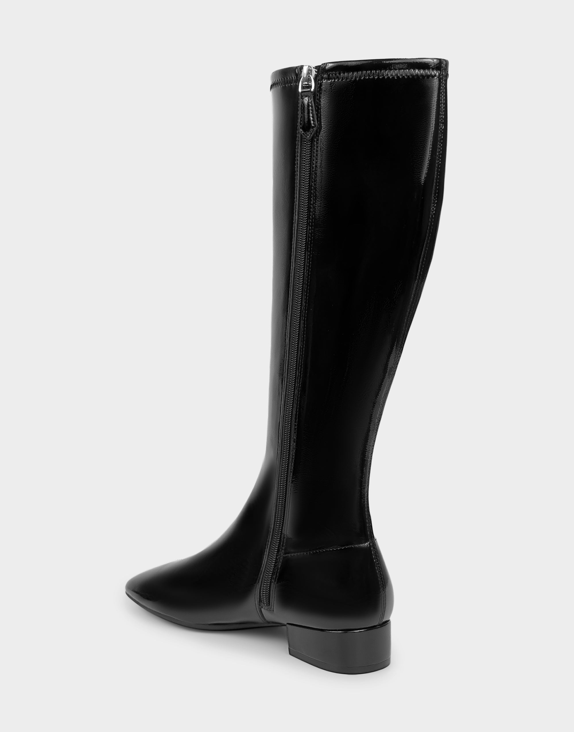 Women's Low Block Heel Boot in Black Stretch Crinkle Patent
