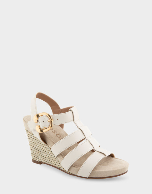 Women's Caged Footbed Wedge Sandal in Eggnog Faux Leather