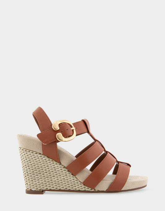 Women's Caged Footbed Wedge Sandal in Gingerbread Faux Leather