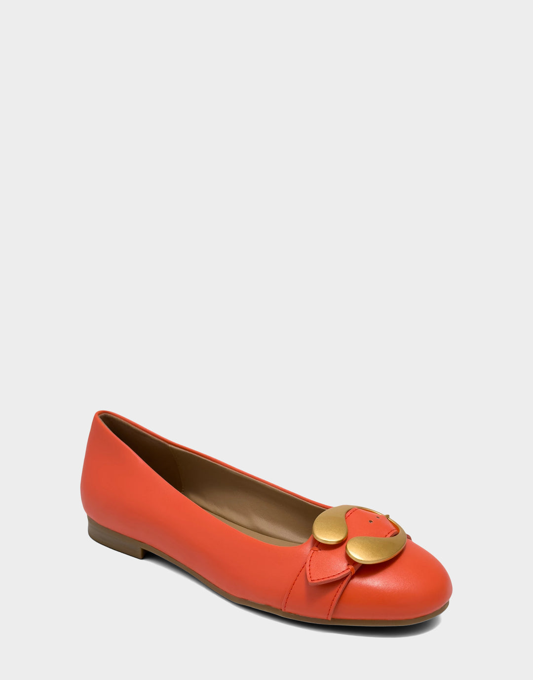 Comfortable Women's Casual Flat in Orange Faux Soft Leather, angle view 