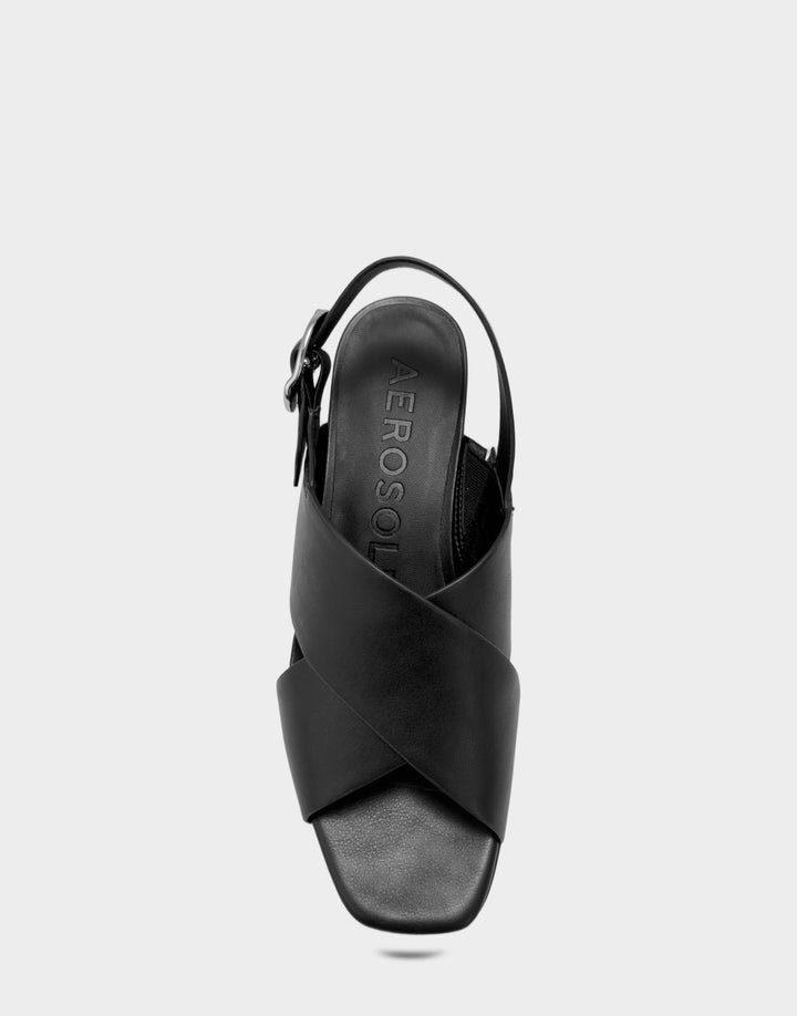 Comfortable Women's Platform Sandal in Black Faux Leather Full Front View