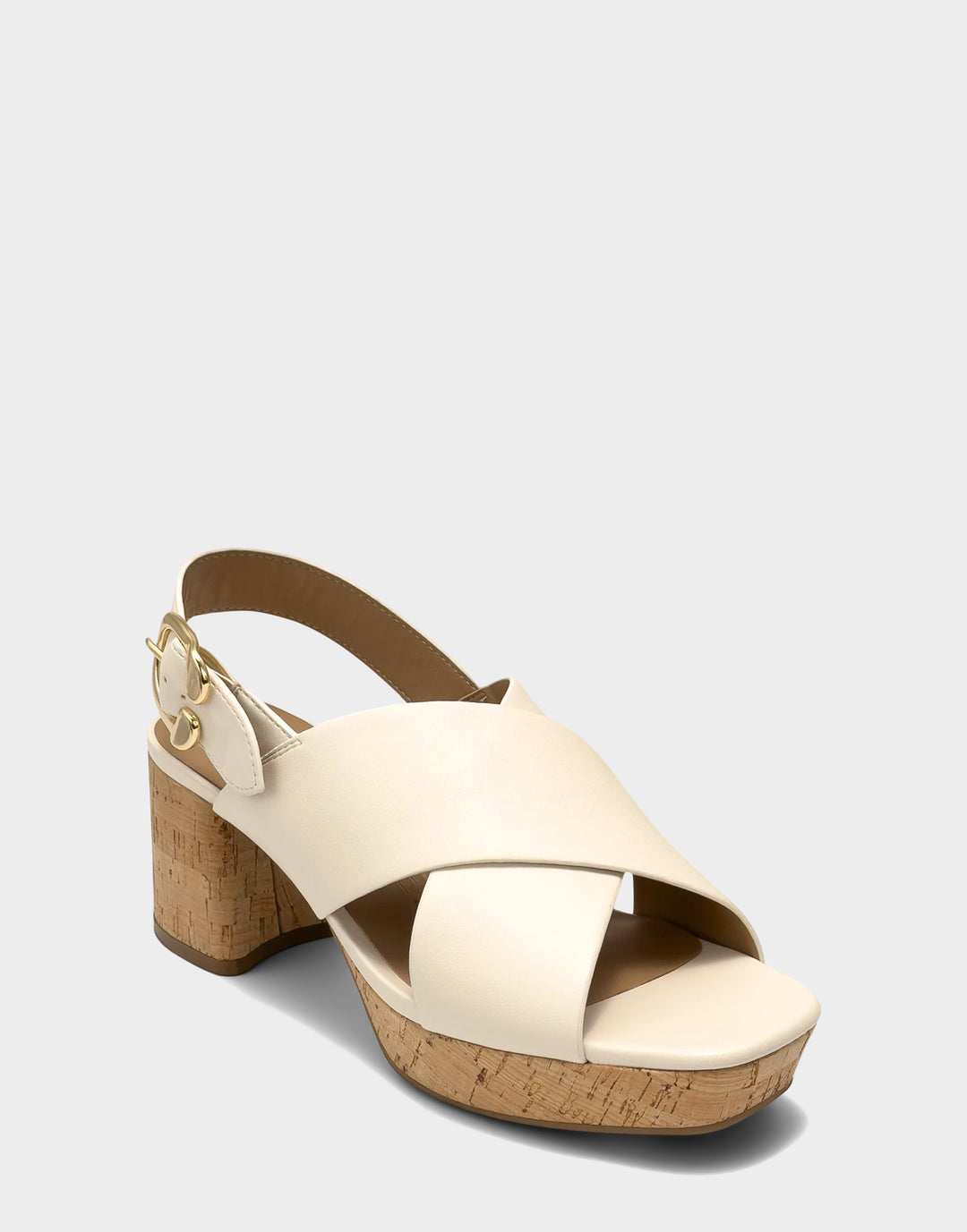 Comfortable Women's Platform Sandal in Cream Faux Leather Cork Heel Side Angle View