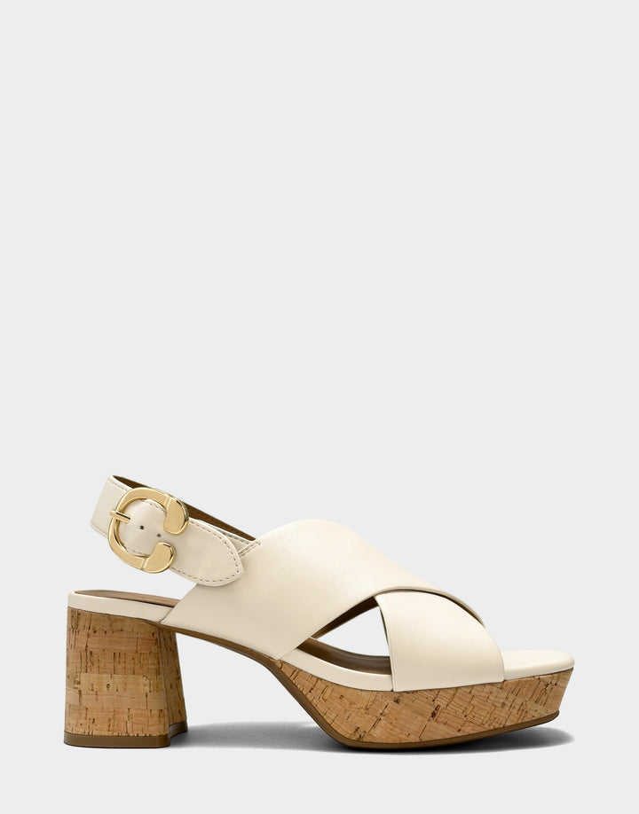 Comfortable Women's Platform Sandal in Cream Faux Leather Cork Heel Side View
