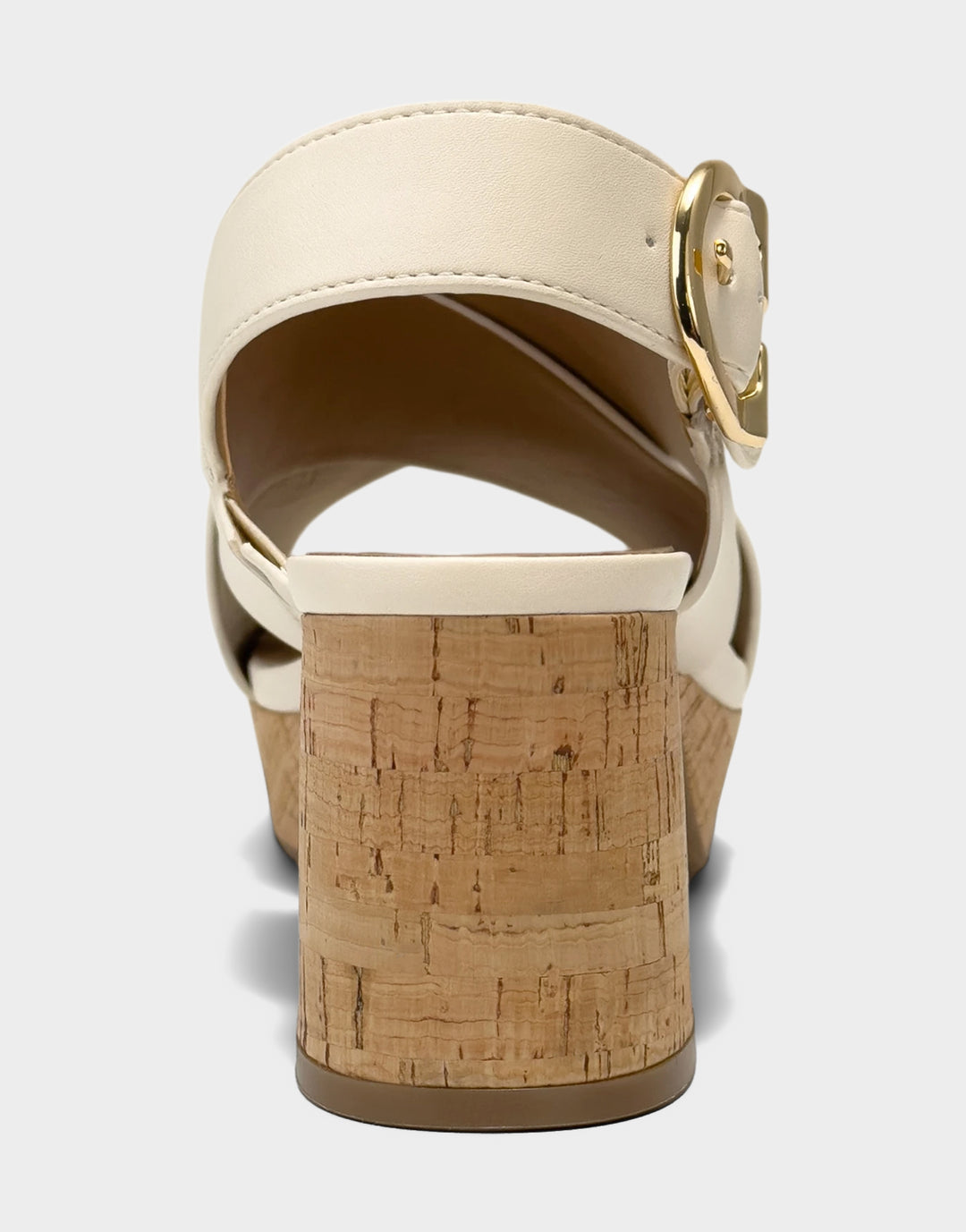 Comfortable Women's Platform Sandal in Cream Faux Leather Cork Heel Back View