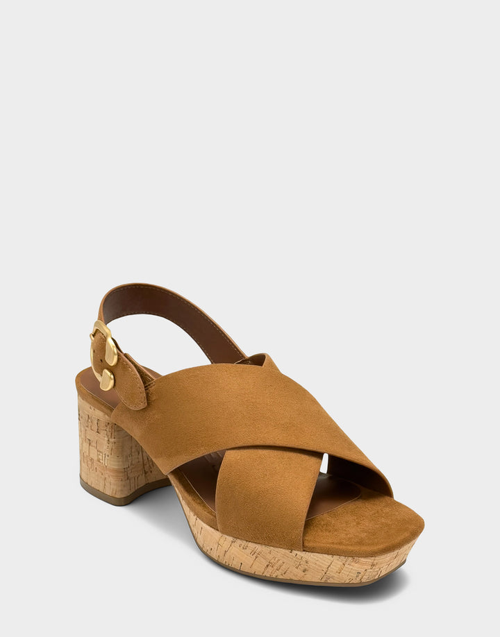 Comfortable Women's Platform Sandal in Natural Faux Suede Cork Heel Side Angle View